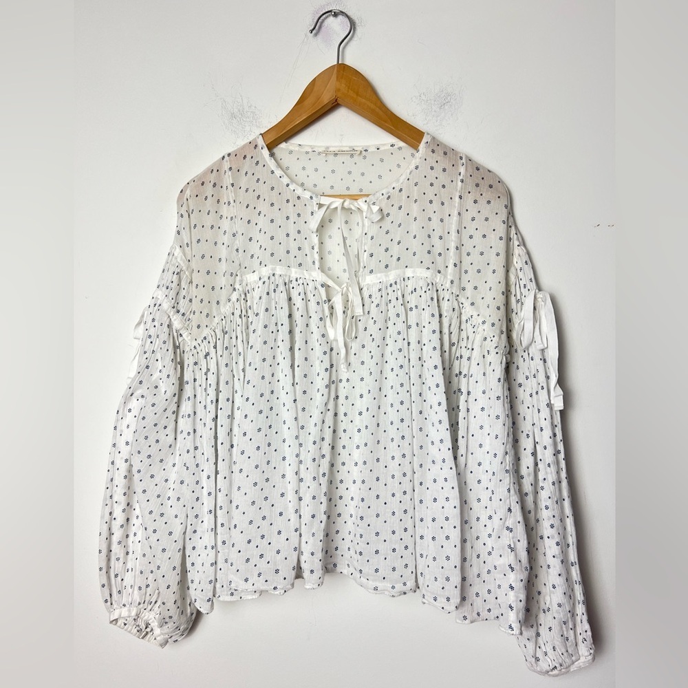 Ulla Johnson Fabienne Peasant Blouse White Blue Foulard Dot Print Quiet Luxury - Picture 3 of 14